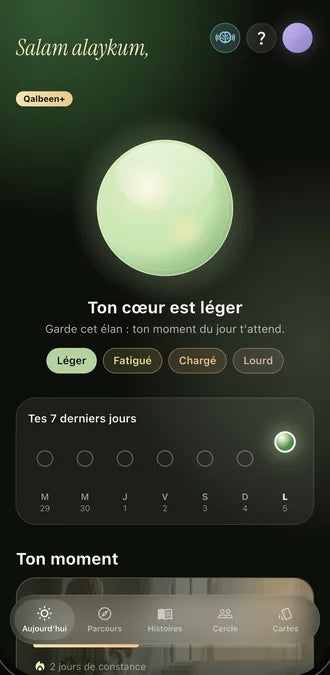 Écran de l'app Qalbeen