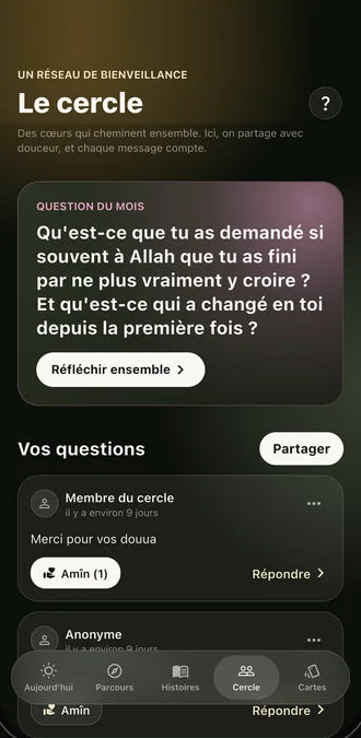 Écran de l'app Qalbeen