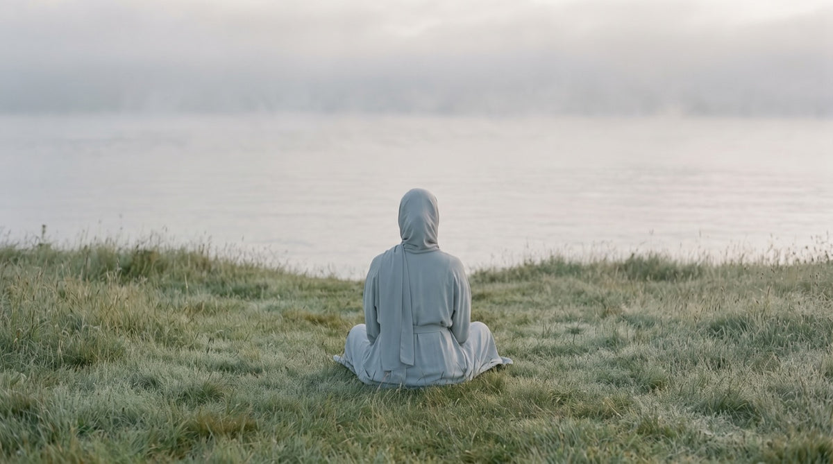 Femme voilée assise face à la mer, apaisée