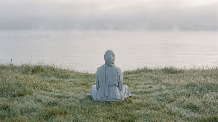 Femme voilée assise face à la mer, apaisée