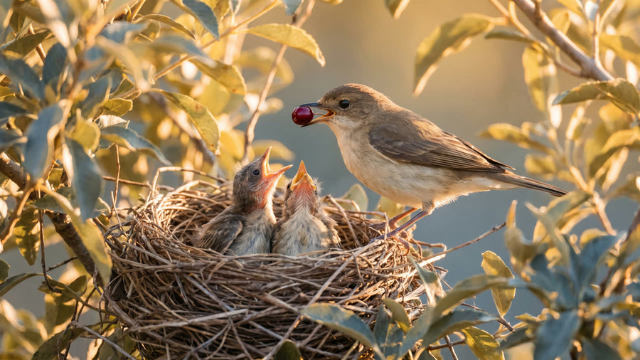 Oiseau qui nourrit ses petits dans un nid, image du rizq