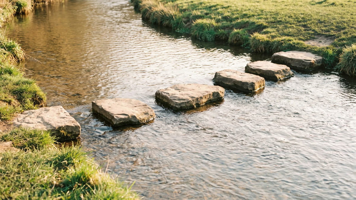 Pierres de gué sur un ruisseau, un pas après l'autre
