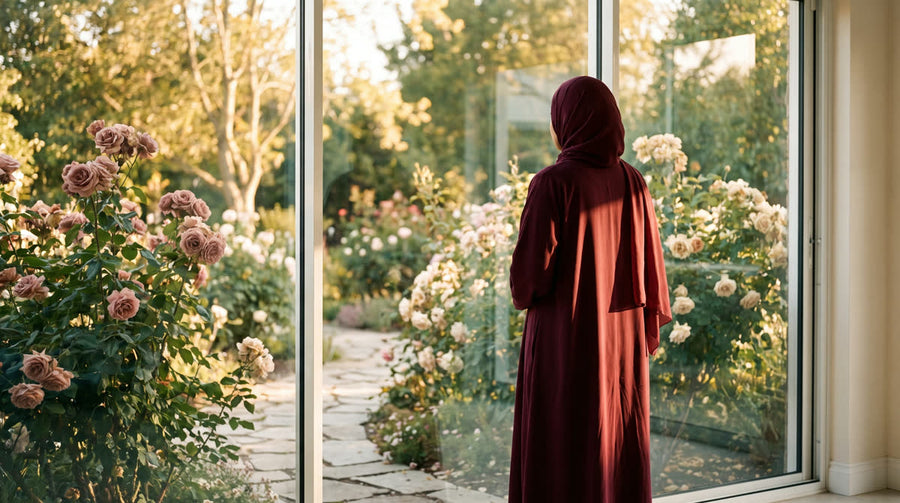 Femme voilée qui regarde un jardin de roses, pensive avant le mariage