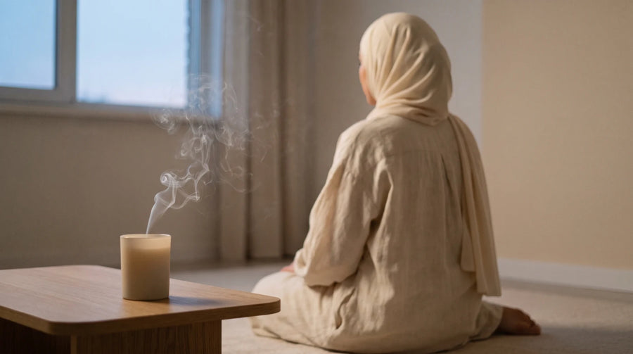 Femme voilée assise au calme près d'une fenêtre, la colère qui retombe