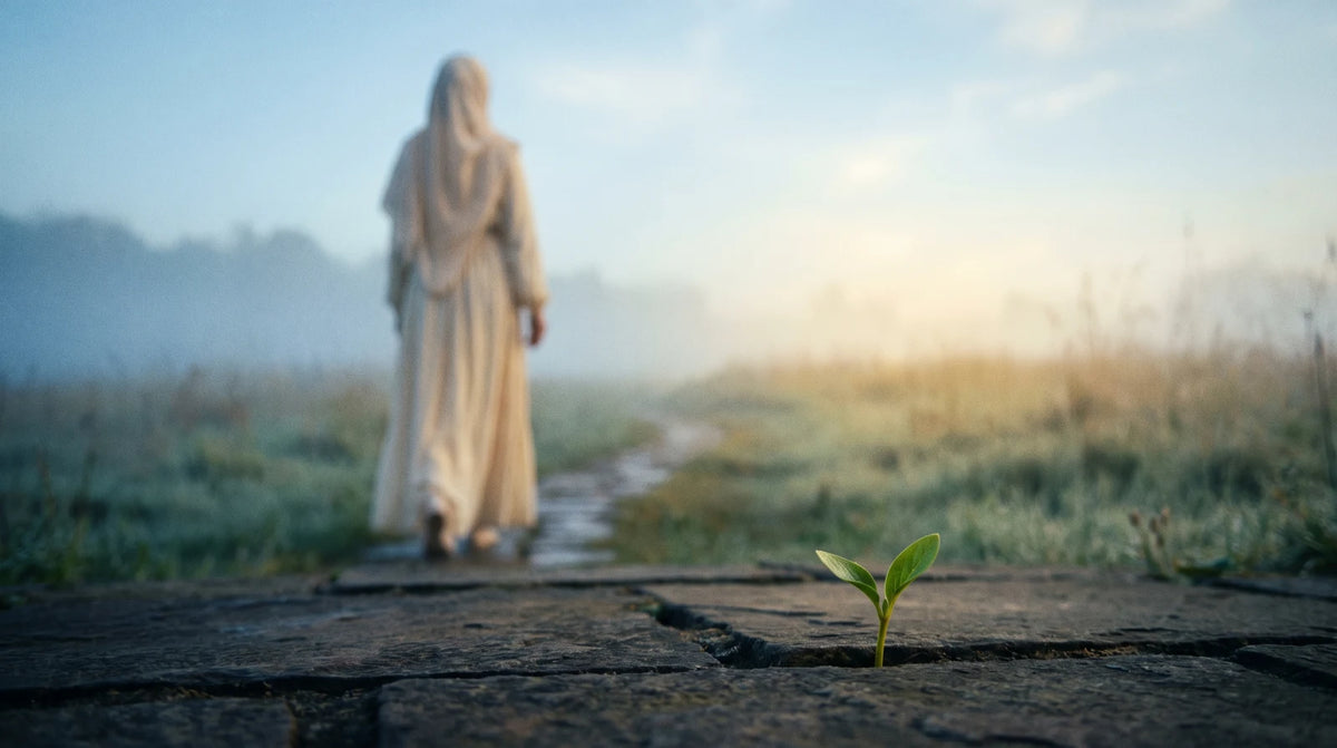Femme voilée sur un chemin à l'aube, prête à faire le premier pas